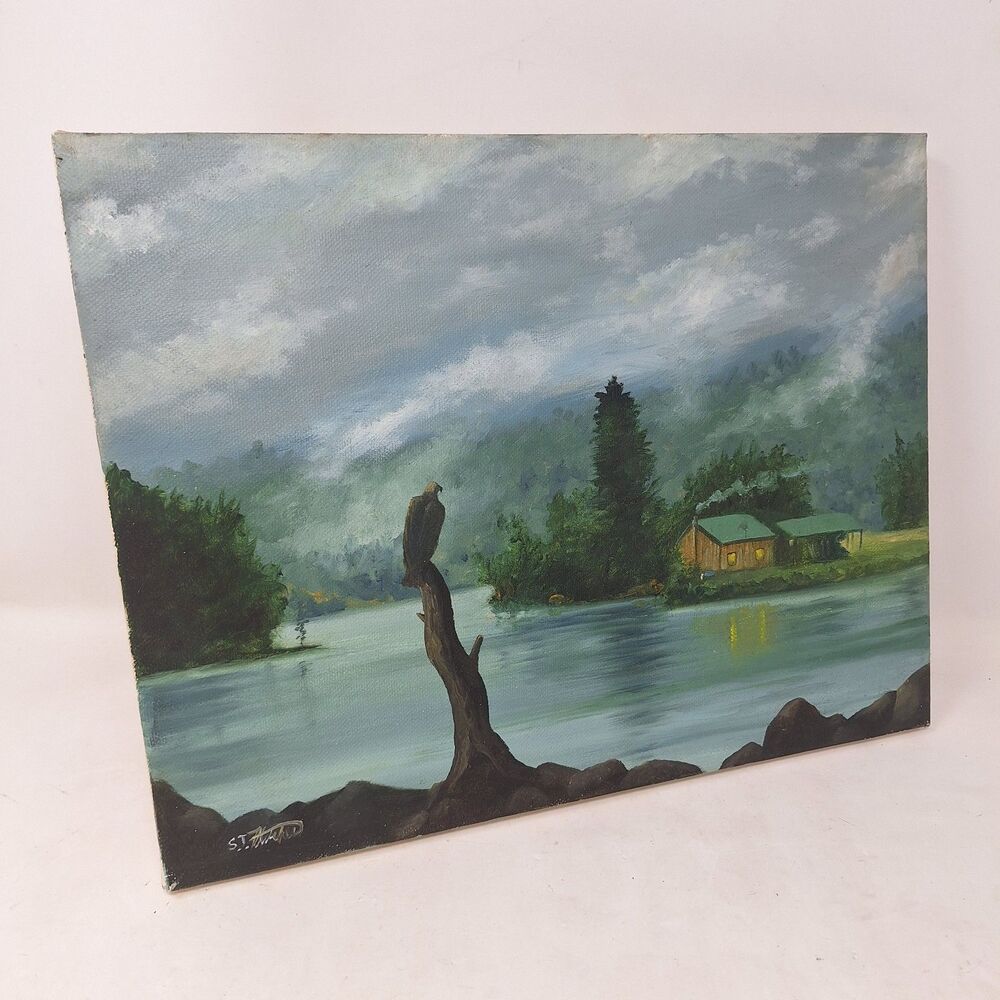 Handpainted Landscape Painting Lake Stormy Day Rustic Cabin Eagle Original